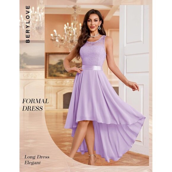 BeryLove Women Lavender Chiffon Scoop Neck Sleeveless Lace Cocktail Dress - Picture 3 of 7